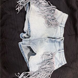 Light Blue Fringe Jean Shorts